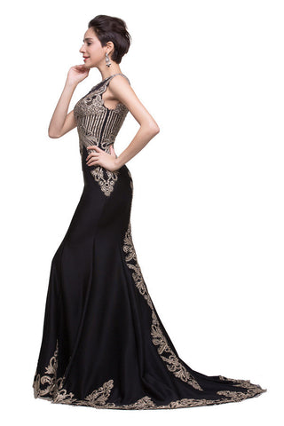 Black Crew Sweep-length Appliqued Mermaid Prom Dresses