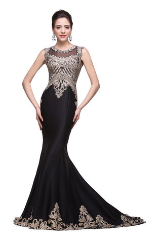 Black Crew Sweep-length Appliqued Mermaid Prom Dresses