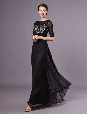 Robe de soirée noire à manches courtes, dentelle, perles, mousseline, longue robe de cérémonie, robe d'invitée de mariage