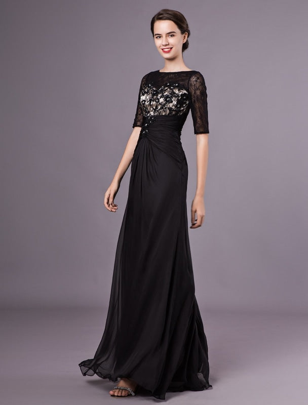 Black Evening Dresses Half Sleeves Lace Beading Chiffon Long Formal Gowns Wedding Guest Dress