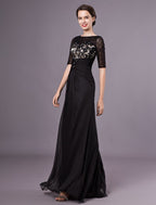 Black Evening Dresses Half Sleeves Lace Beading Chiffon Long Formal Gowns Wedding Guest Dress
