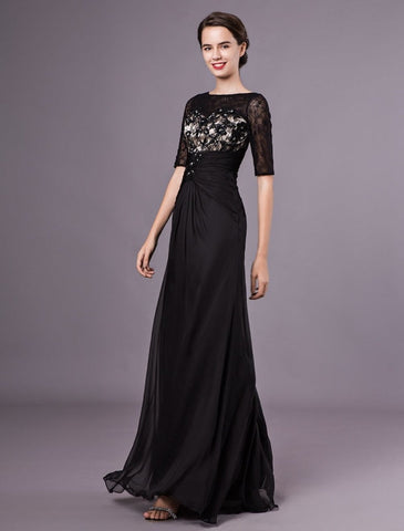 Robe de soirée noire à manches courtes, dentelle, perles, mousseline, longue robe de cérémonie, robe d'invitée de mariage