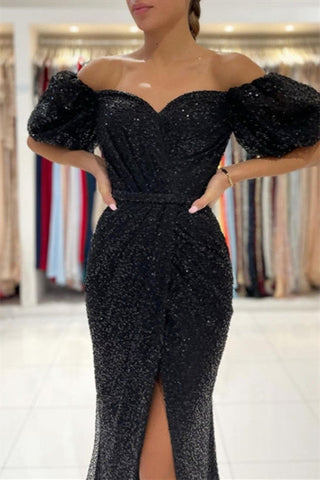 Black Evening Dresses in Long Glitter | Prom dresses with sleeves