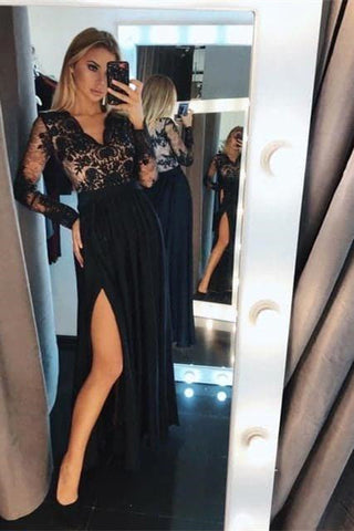 Robe longue de soirée à manches longues en dentelle florale noire