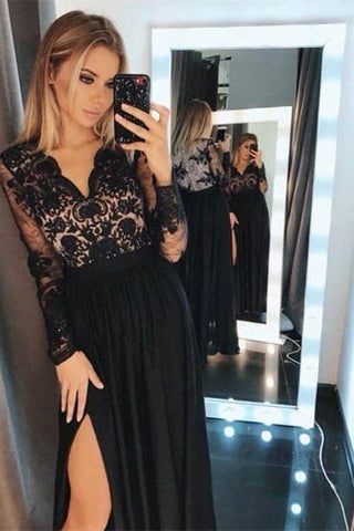 Robe longue de soirée à manches longues en dentelle florale noire