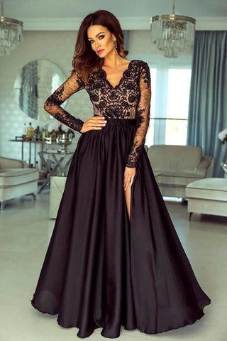 Robe longue de soirée à manches longues en dentelle florale noire