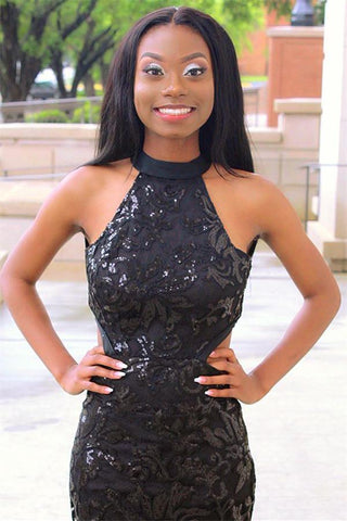 Vestidos formales de sirena con apliques de tul y escote halter negro sin mangas