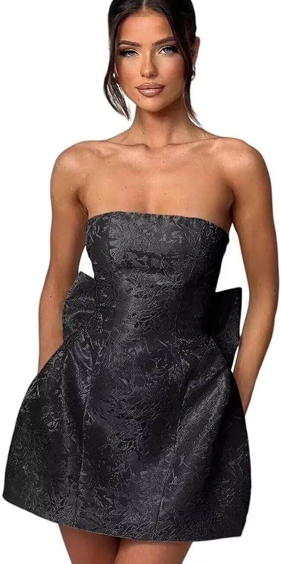 Robe de bal courte bustier sans manches en satin jacquard à lacets avec nœud