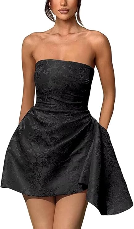 Vestido corto de fiesta de bienvenida, sin tirantes, corte en A, de satén jacquard, asimétrico, con cordones.