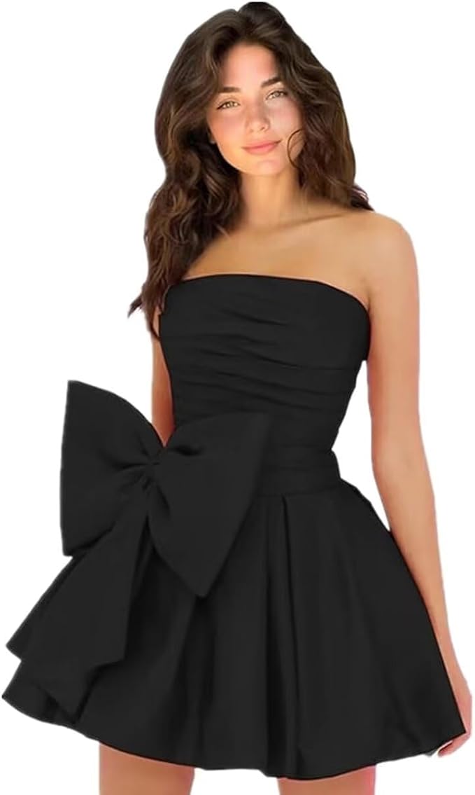 Robes de soirée courtes et chics pour le bal de promo, coupe trapèze, sans manches, bustier, froncées, lacées et ornées d'un nœud.
