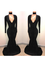 Black Lace V-Neck Party Dresses Mermaid Long-Sleeve Evening Gowns
