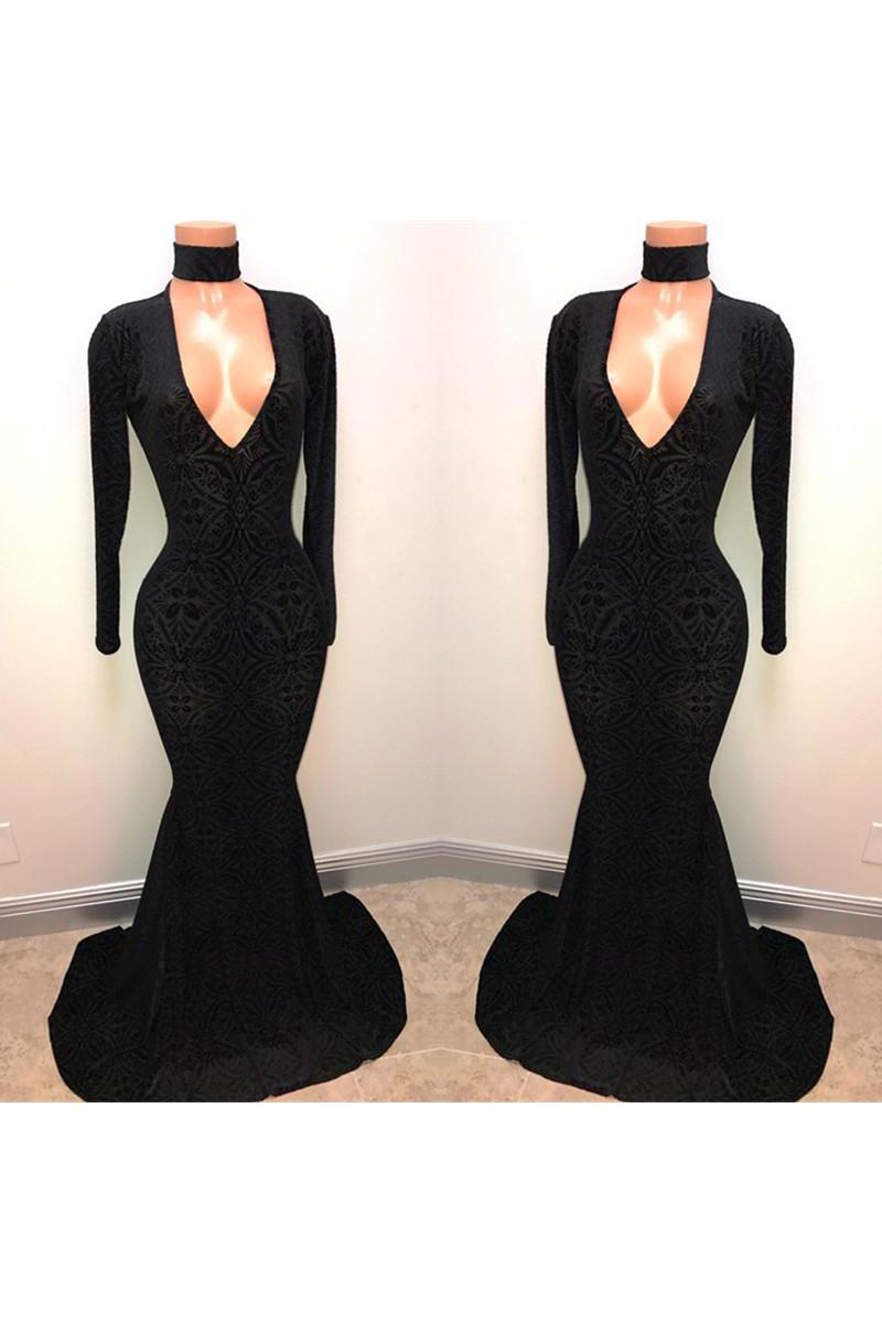 Black Lace V-Neck Party Dresses Mermaid Long-Sleeve Evening Gowns