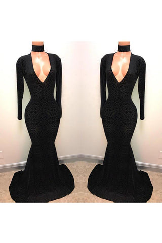 Black Lace V-Neck Party Dresses Mermaid Long-Sleeve Evening Gowns