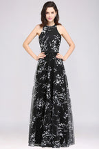Robes de soirée longues noires trapèze sans manches