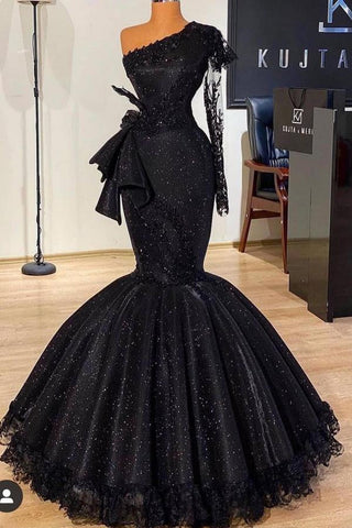 Black Long Mermaid One Shoulder Sequins Prom Dress with Sleeves