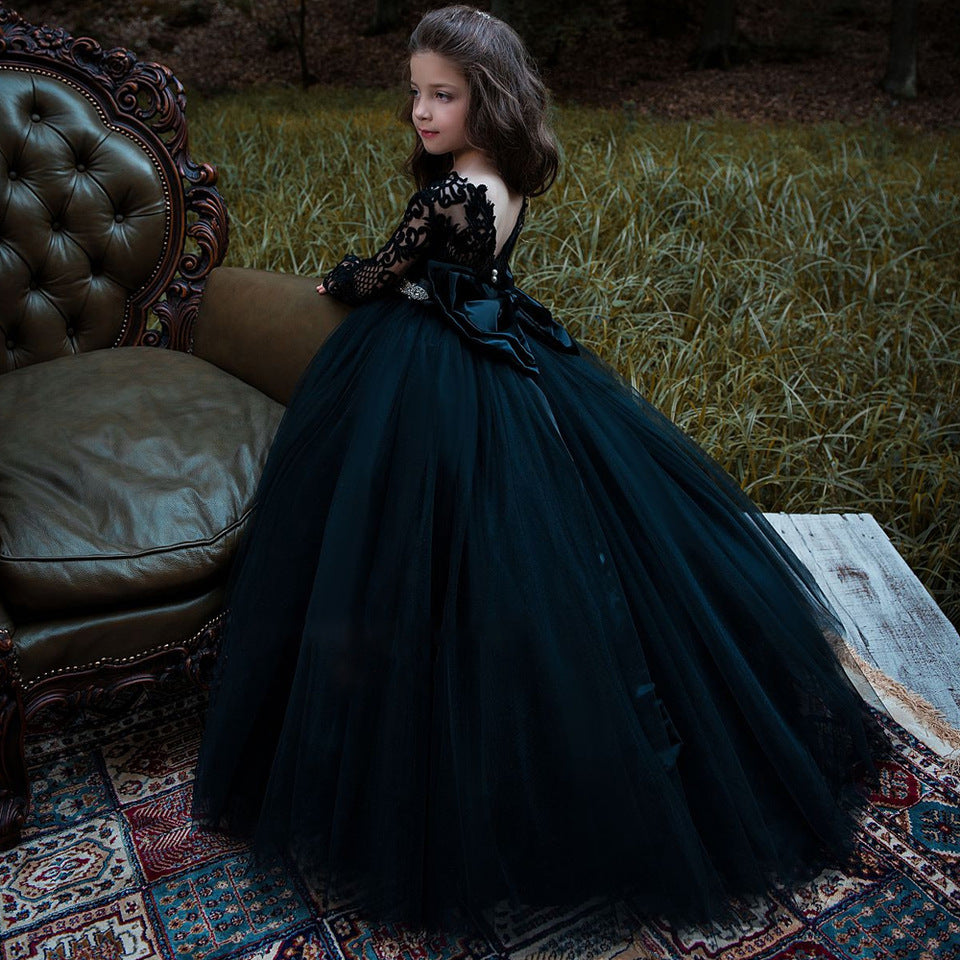 Vestido de niña de las flores de princesa, con apliques de encaje, perlas y manga larga, color negro, estilo barco, con tul.