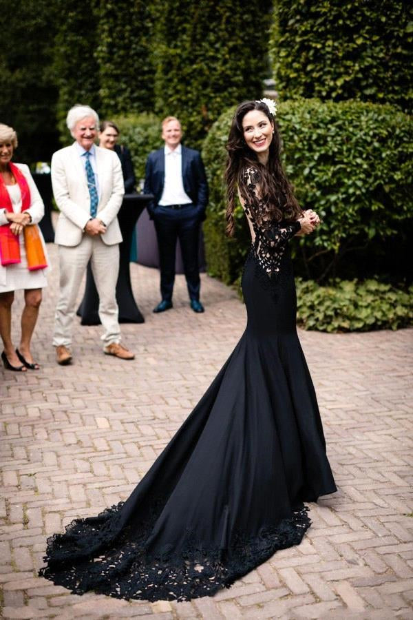 Black Long Sleeves Mermaid Wedding Dress with Sweep Train