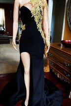 Black Mermaid Front-slit Appliques Long Sleevess Prom Dresses