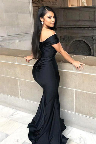 Black Off-the-shoulder Floor-length Backless Mermaid Prom Dress
