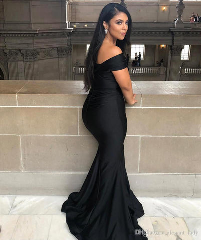 Black Off-the-shoulder Floor-length Backless Mermaid Prom Dress