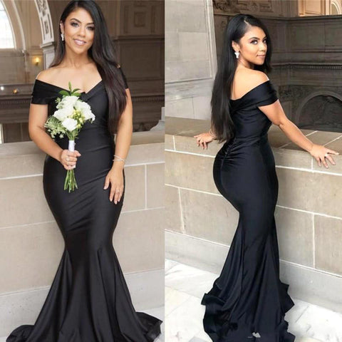 Black Off-the-shoulder Floor-length Backless Mermaid Prom Dress