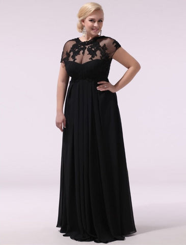 Robe de bal noire grande taille, robe de soirée en mousseline de soie et dentelle appliquée, manches courtes illusion, robe longue pour invitée de mariage, collection exclusive