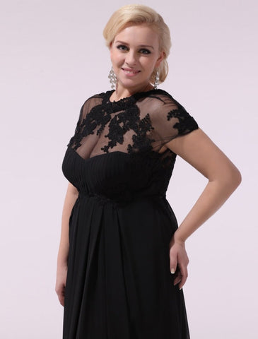 Robe de bal noire grande taille, robe de soirée en mousseline de soie et dentelle appliquée, manches courtes illusion, robe longue pour invitée de mariage, collection exclusive