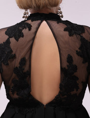 Robe de bal noire grande taille, robe de soirée en mousseline de soie et dentelle appliquée, manches courtes illusion, robe longue pour invitée de mariage, collection exclusive