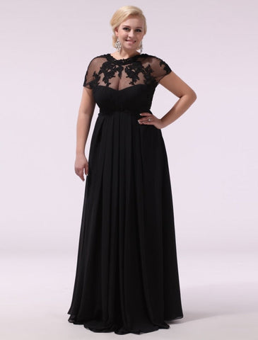 Robe de bal noire grande taille, robe de soirée en mousseline de soie et dentelle appliquée, manches courtes illusion, robe longue pour invitée de mariage, collection exclusive