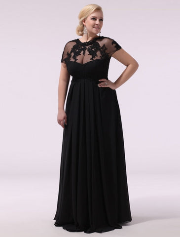 Robe de bal noire grande taille, robe de soirée en mousseline de soie et dentelle appliquée, manches courtes illusion, robe longue pour invitée de mariage, collection exclusive