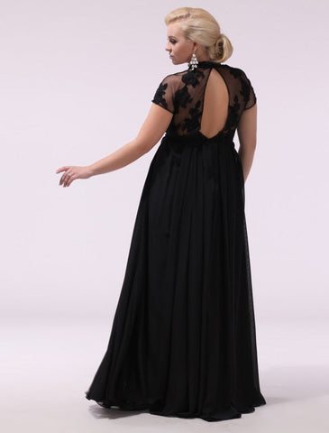 Robe de bal noire grande taille, robe de soirée en mousseline de soie et dentelle appliquée, manches courtes illusion, robe longue pour invitée de mariage, collection exclusive