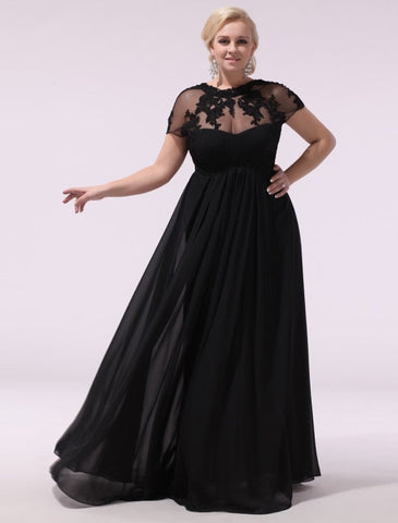 Robe de bal noire grande taille, robe de soirée en mousseline de soie et dentelle appliquée, manches courtes illusion, robe longue pour invitée de mariage, collection exclusive
