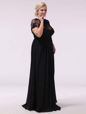 Robe de bal noire grande taille, robe de soirée en mousseline de soie et dentelle appliquée, manches courtes illusion, robe longue pour invitée de mariage, collection exclusive
