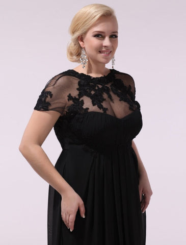 Robe de bal noire grande taille, robe de soirée en mousseline de soie et dentelle appliquée, manches courtes illusion, robe longue pour invitée de mariage, collection exclusive