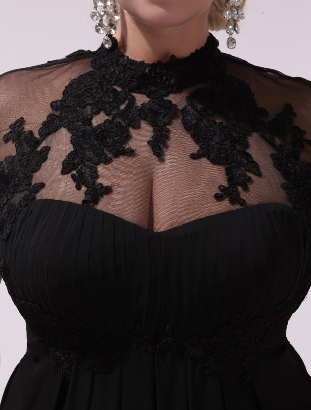Black Prom Dresses Plus Size Evening Dress Chiffon Lace Applique Illusion Short Sleeves Floor Length Wedding Guest Dress Exclusive
