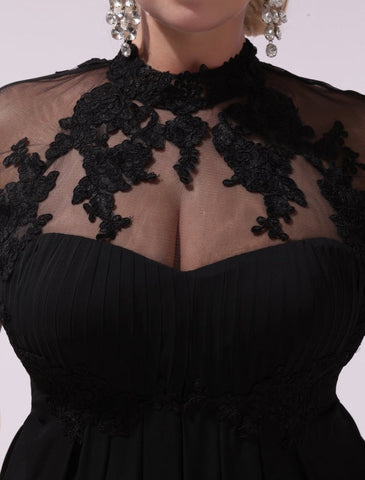 Robe de bal noire grande taille, robe de soirée en mousseline de soie et dentelle appliquée, manches courtes illusion, robe longue pour invitée de mariage, collection exclusive