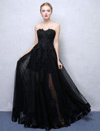Black Prom Dresses Strapless Long Party Dress Lace Applique Sweetheart Illusion Formal Evening Dress