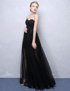 Black Prom Dresses Strapless Long Party Dress Lace Applique Sweetheart Illusion Formal Evening Dress