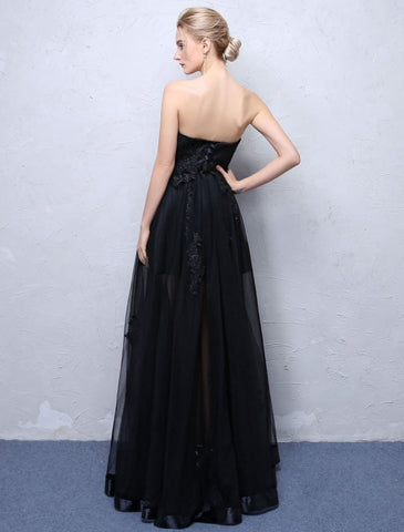 Robe de bal noire bustier longue robe de soirée en dentelle appliquée décolleté cœur illusion robe de soirée formelle