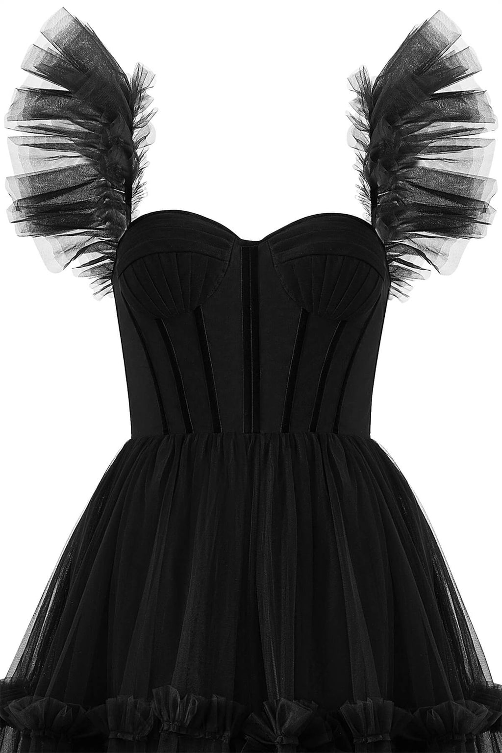 Vestido de fiesta de tul con volantes y corsé de corte en A