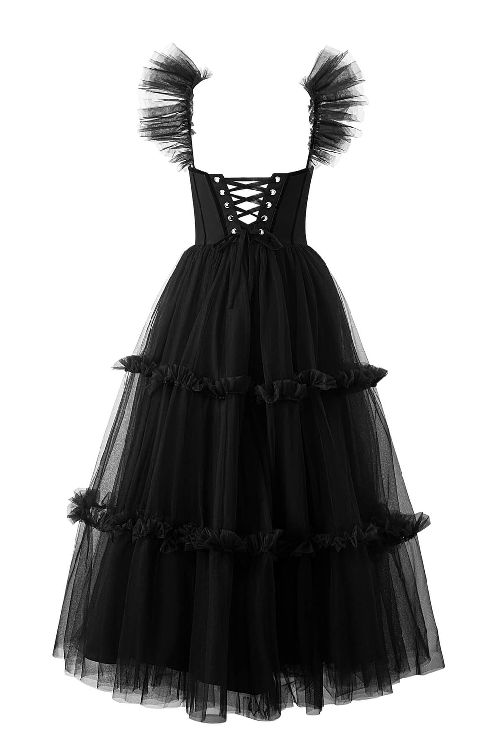 Vestido de fiesta de tul con volantes y corsé de corte en A