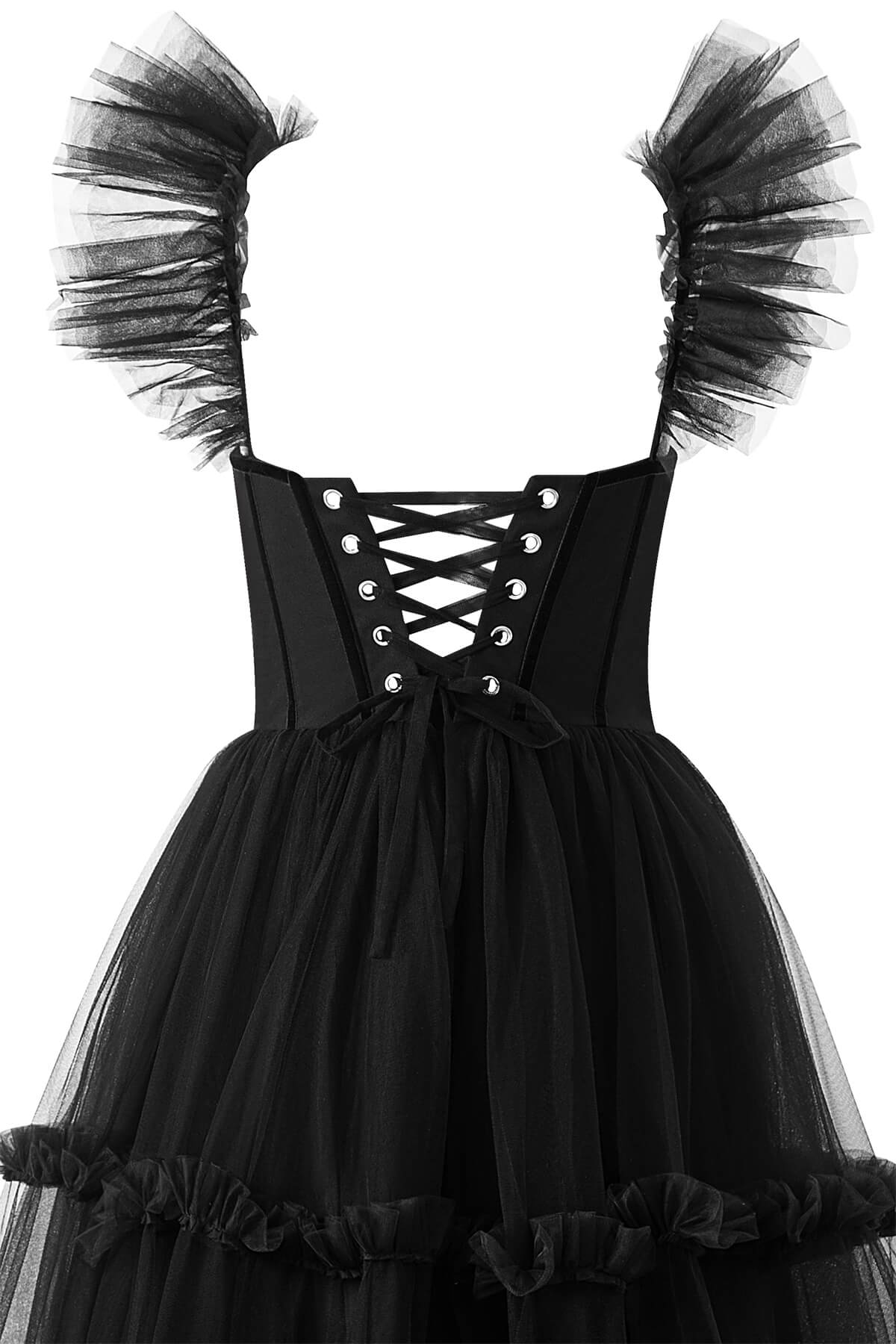 Vestido de fiesta de tul con volantes y corsé de corte en A
