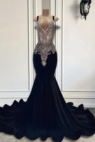 Vestidos de fiesta negros sin mangas, estilo sirena cuadrada, con cuentas de cristal