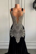 Black Sleeveless Square Mermaid Prom Dresses with Crystal Beadings