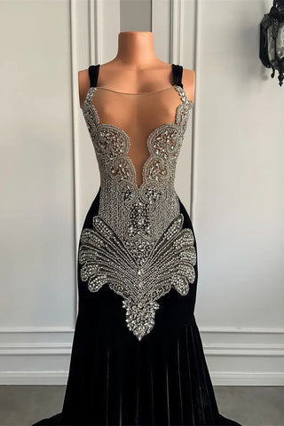 Vestidos de fiesta negros sin mangas, estilo sirena cuadrada, con cuentas de cristal
