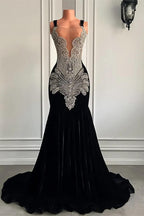 Black Sleeveless Square Mermaid Prom Dresses with Crystal Beadings