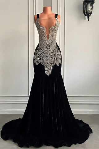 Vestidos de fiesta negros sin mangas, estilo sirena cuadrada, con cuentas de cristal