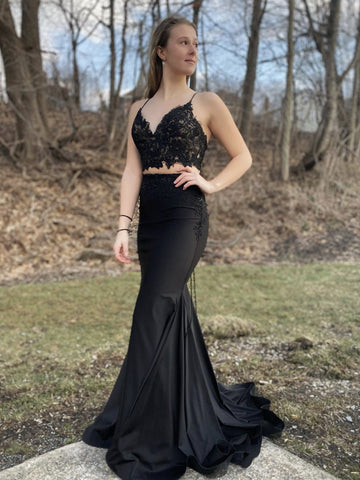Black Two Piece Long Mermaid V Neck Lace Satin Graduation Prom Dresses