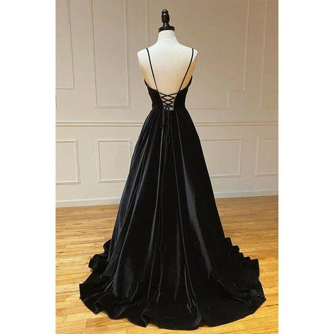 Vestido de fiesta largo y sencillo de terciopelo negro con escote en V, tirantes finos y corte en A 