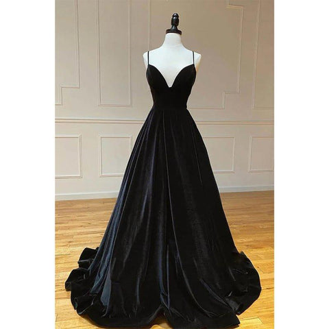 Vestido de fiesta largo y sencillo de terciopelo negro con escote en V, tirantes finos y corte en A 
